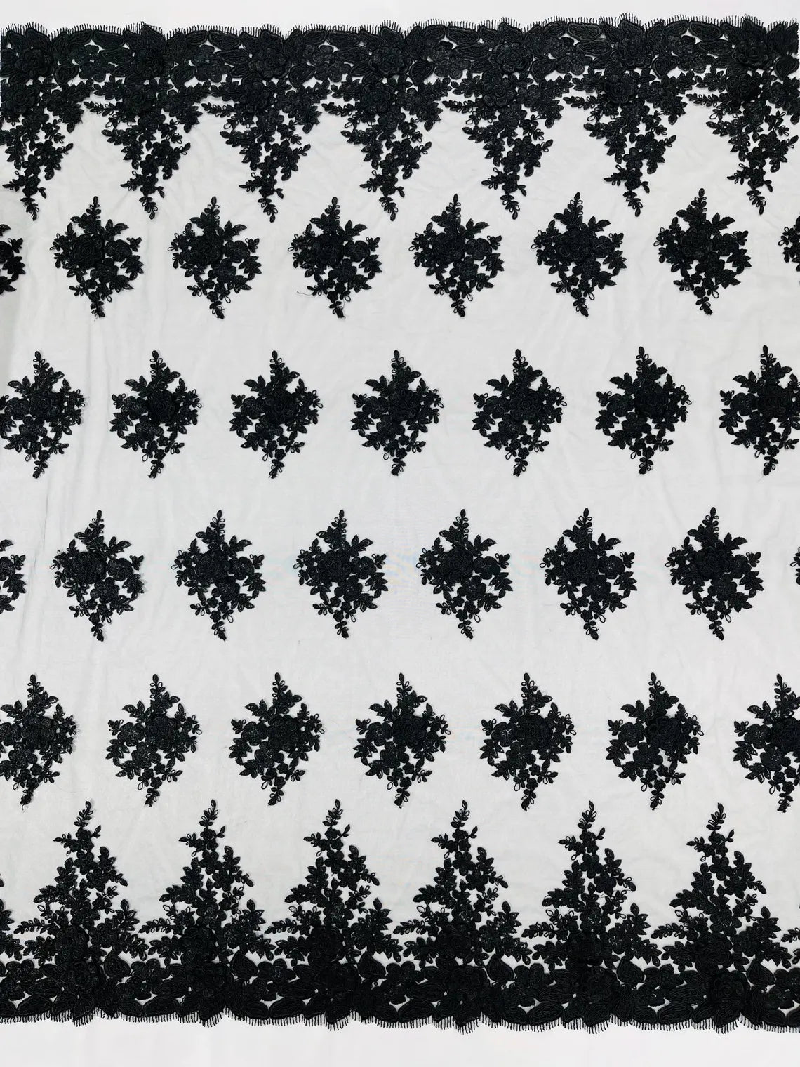 Corded Floral 3D Fabric - Black - Embroidered Floral Design on Lace Mesh Fabric by Yard