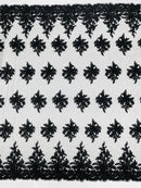 Corded Floral 3D Fabric - Black - Embroidered Floral Design on Lace Mesh Fabric by Yard