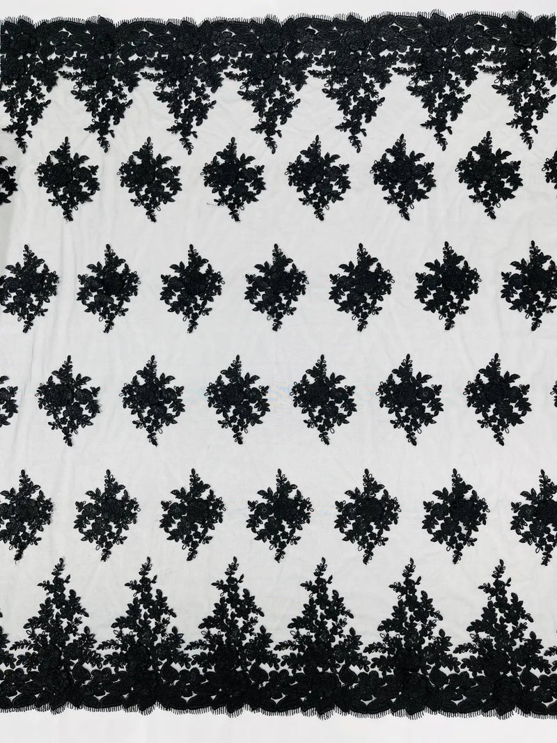 Corded Floral 3D Fabric - Black - Embroidered Floral Design on Lace Mesh Fabric by Yard