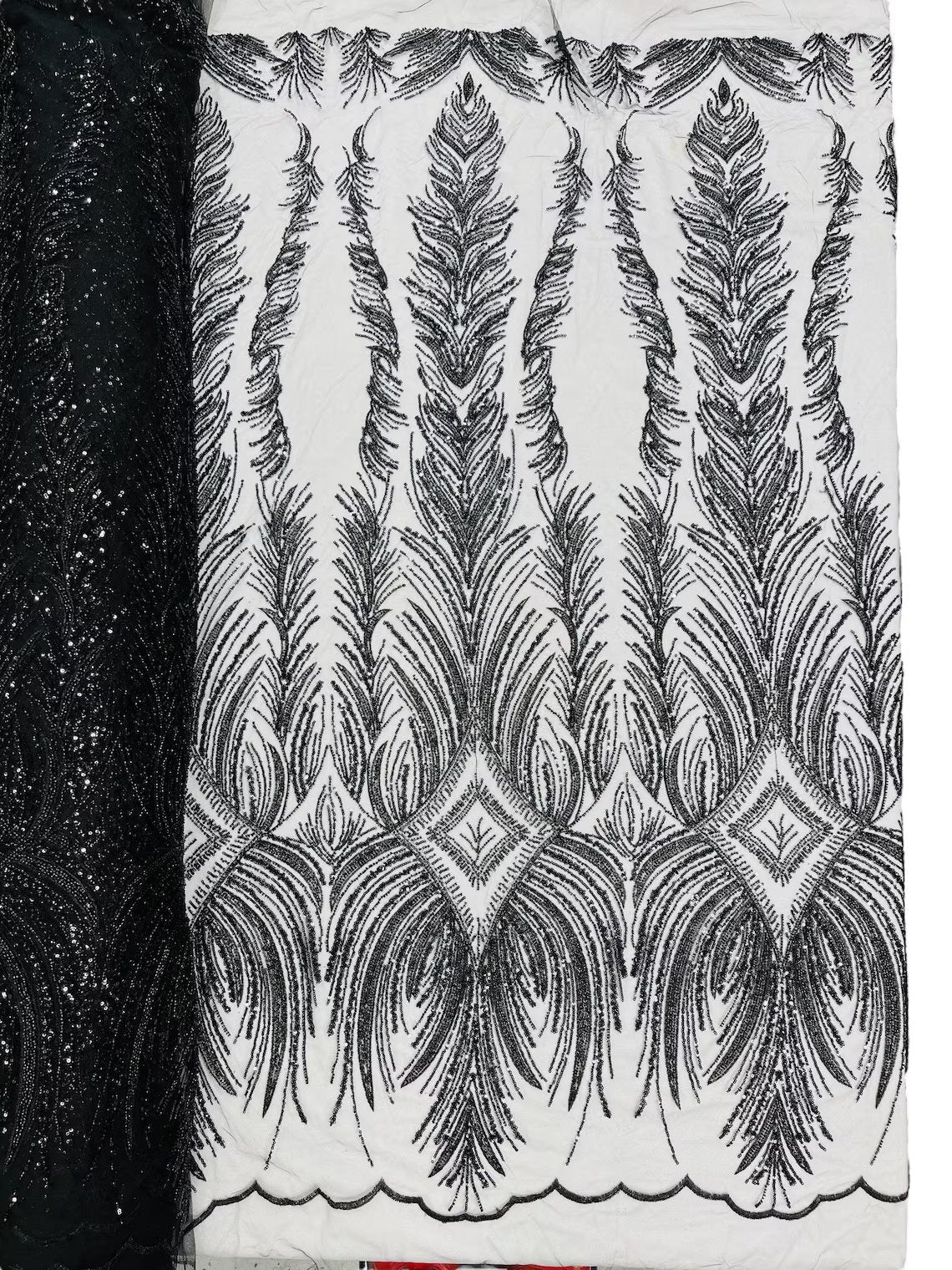 Beaded Lines Fabric - Black - Luxury Beads and Sequins Line Design Fabric By Yard