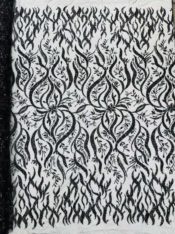 Wavy Leaf / Floral Bead Fabric - Black - Beaded Rhinestone Embroidered on a Mesh By Yard