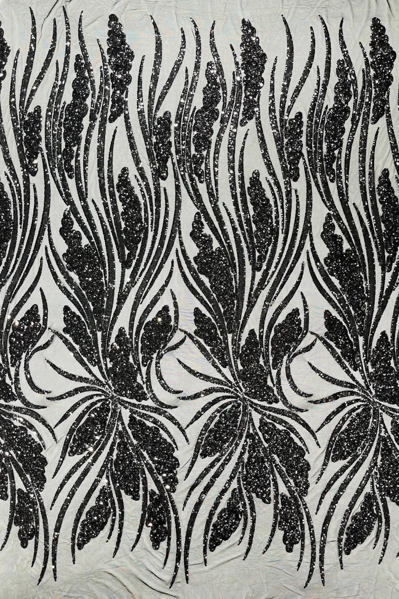 Wavy Leaf Sequins Fabric - Black - Wavy Lines and Leaves Design on Lace Mesh Fabric by Yard