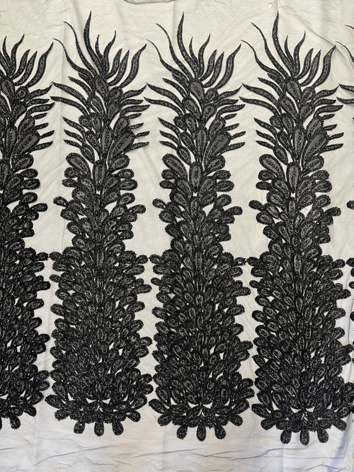 3D Beaded Peacock Feathers - Black - Vegas Design Embroidered Sequins and Beads On a Mesh Lace Fabric (Choose The Panels)
