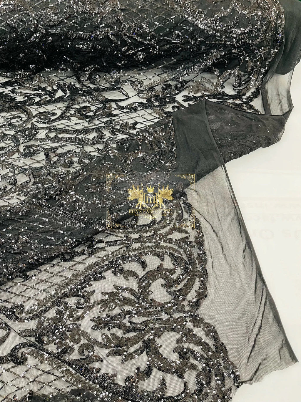 Heart Damask Sequins - Black - 4 Way Stretch Elegant Shiny Net Sequins Fabric By Yard