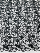 Small Flower Sequins Lace Fabric - Black - Embroidered Floral Pattern Fabric with Sequins on Lace By Yard