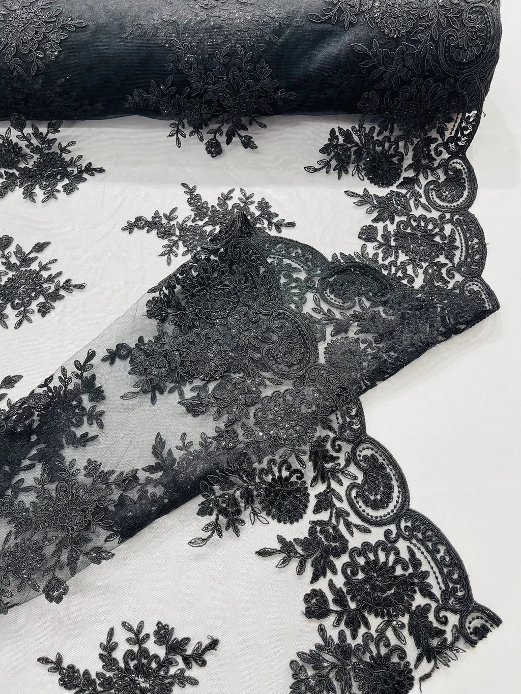 Floral Lace Flower Fabric - Black - Floral Embroidered Fabric with Sequins on Lace By Yard
