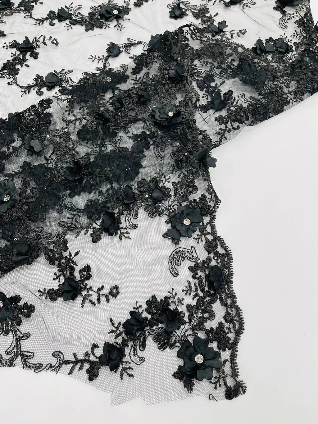 3D Lace Flower Fabric - Black - Embroidered Sequins and 3D Floral Patterns on Lace By Yard