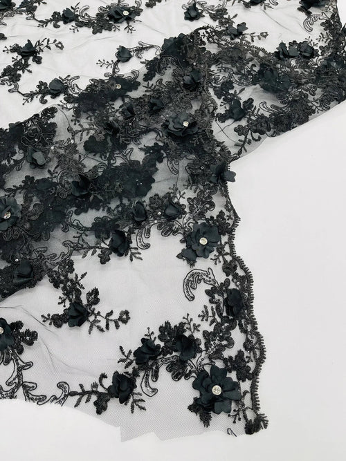 3D Lace Flower Fabric - Black - Embroidered Sequins and 3D Floral Patterns on Lace By Yard