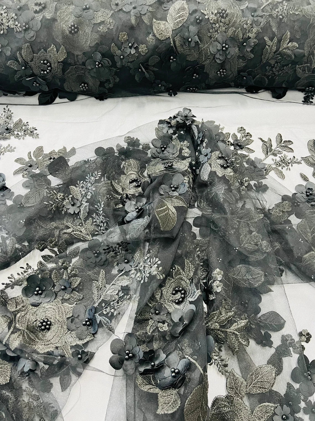 Floral 3D Rose Fabric - Black - Embroided Rose Flower Design Fabric Sold by Yard