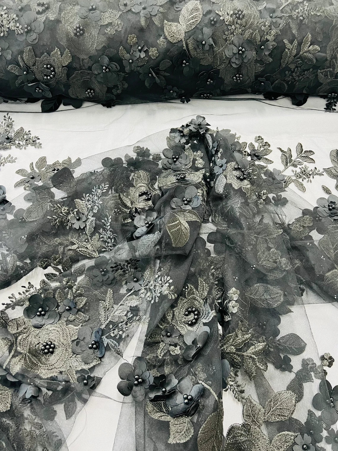 Floral 3D Rose Fabric - Black - Embroided Rose Flower Design Fabric Sold by Yard