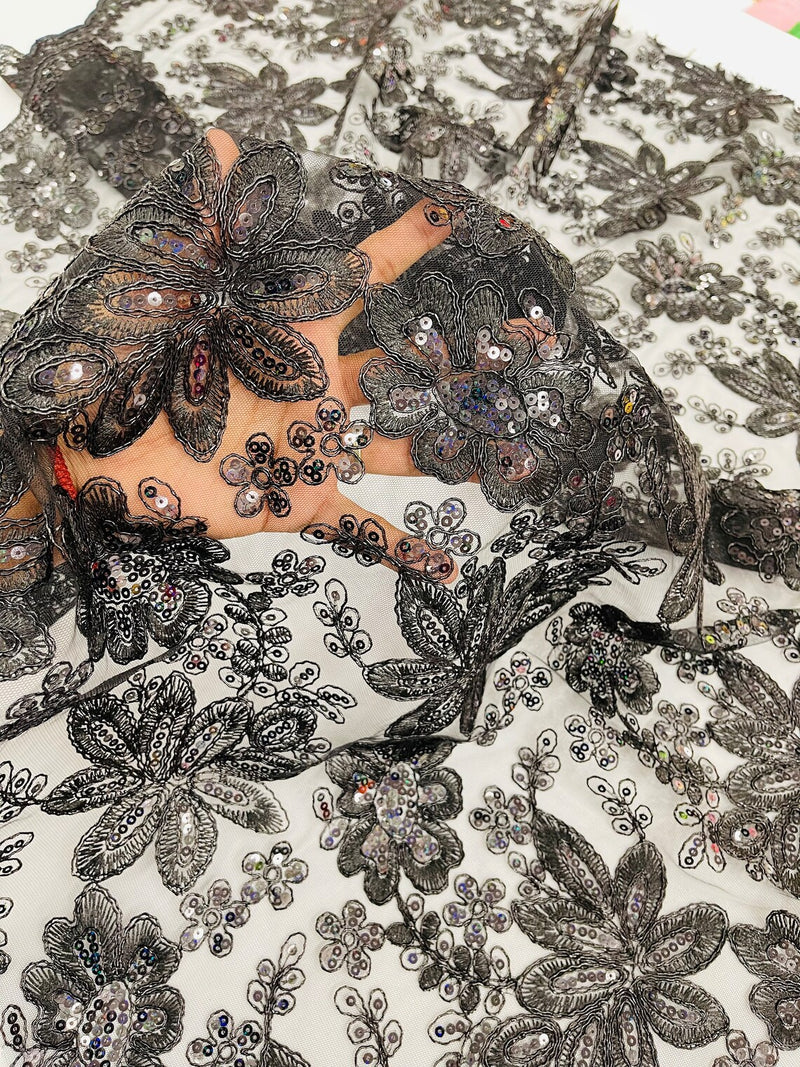 Corded Lace Floral Fabric - Black - Hologram Sequins Metallic Thread Floral Fabric by Yard
