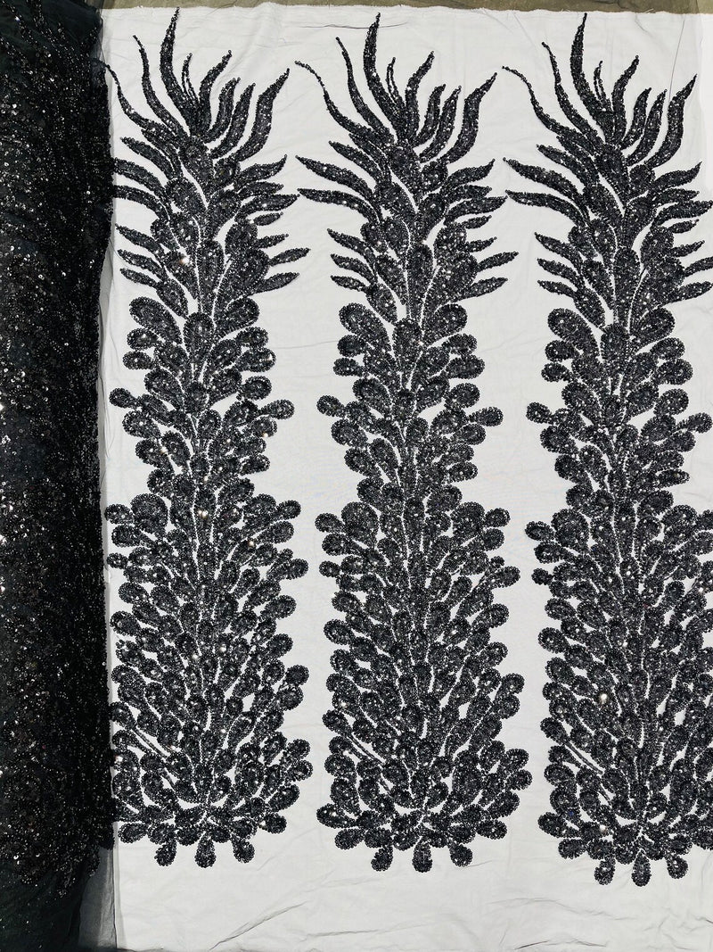 3D Beaded Peacock Feathers - Black - Vegas Design Embroidered Sequins and Beads On a Mesh Lace Fabric (Choose The Panels)