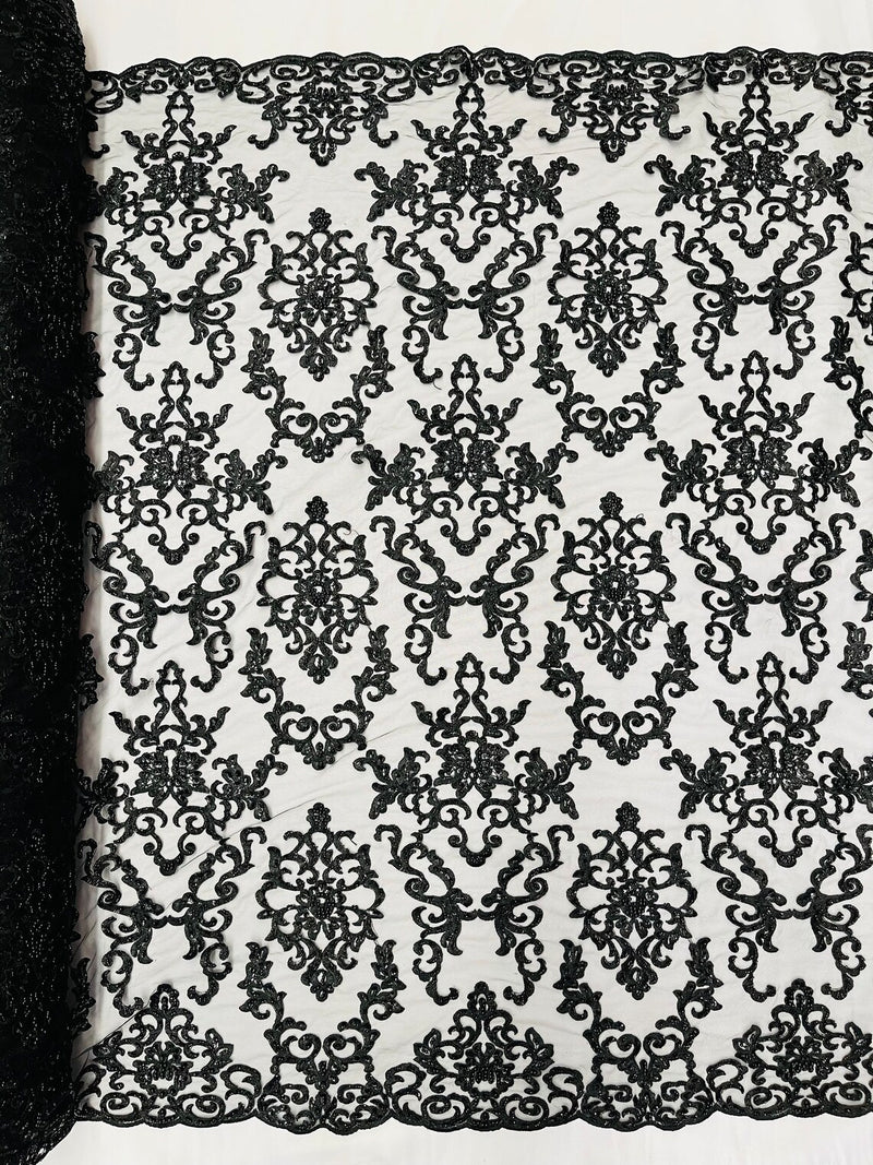 Butterfly Bead Sequins Fabric - Black - Damask Beaded Sequins Lace Fabric by the yard