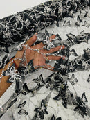 3D Butterfly Beaded Fabric - Black - Beaded Sequins Butterfly Embroidered Fabric By Yard