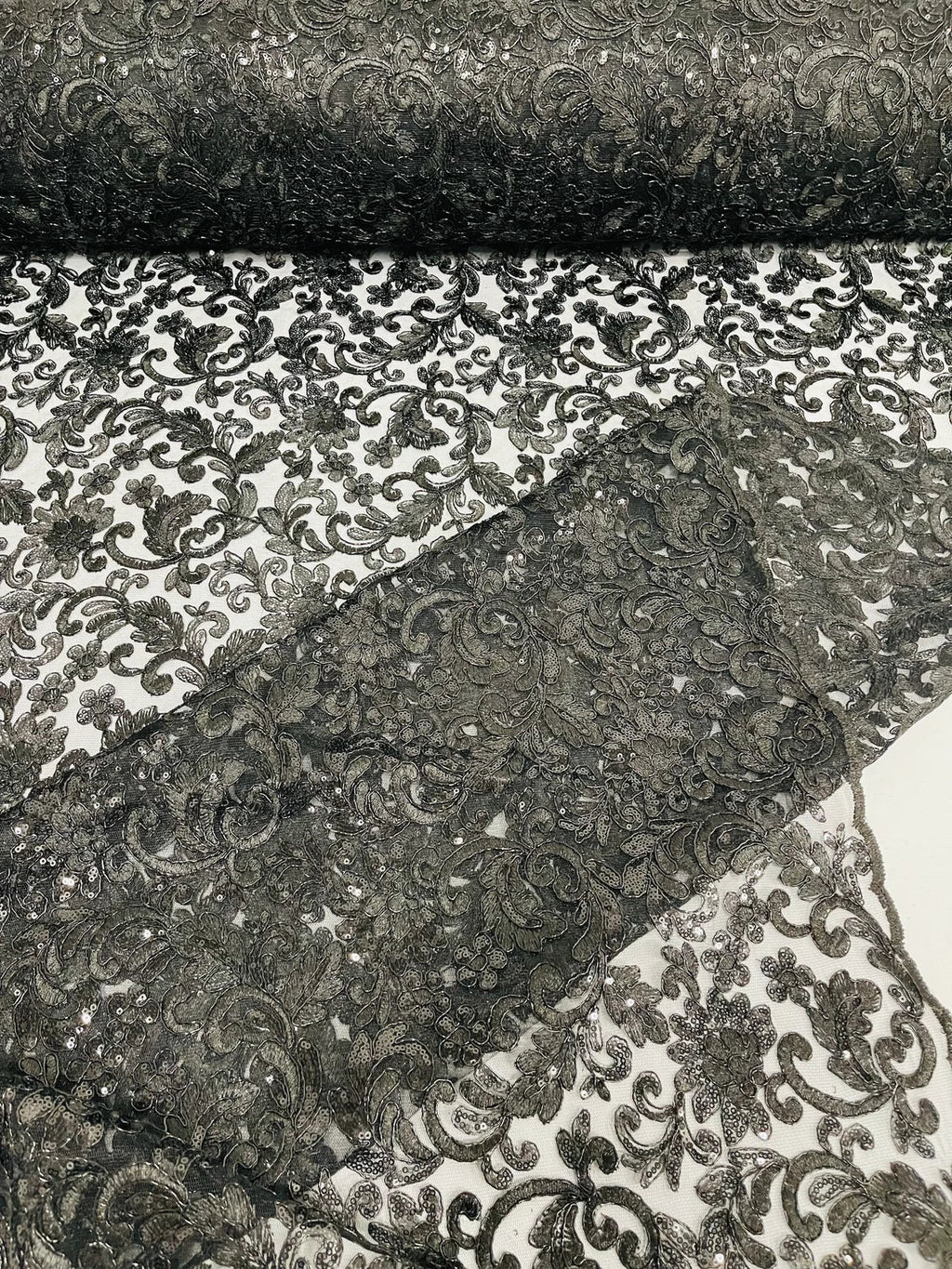 Metallic Floral Lace Fabric - Black - Embroidered Sequins Floral Design Sold By Yard
