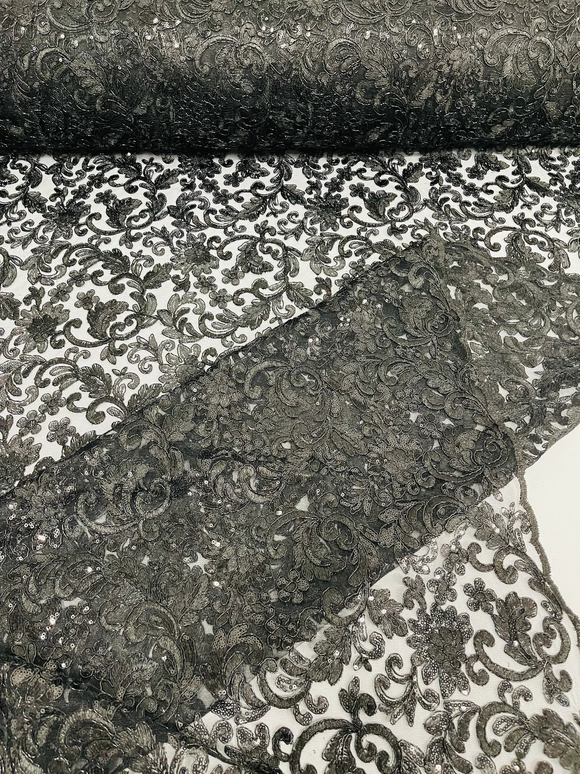 Metallic Floral Lace Fabric - Black - Embroidered Sequins Floral Design Sold By Yard