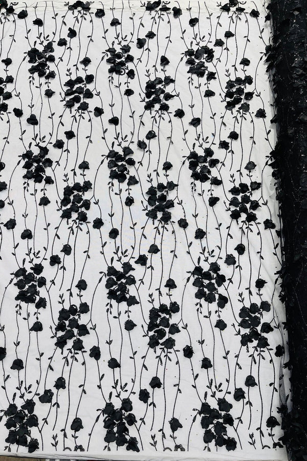 3D Glitter Floral Fabric - Black - 3D Flowers with Sequins and Glitter on Mesh Sold By Yard