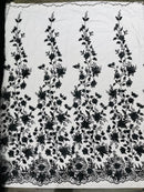 3D Flower Glitter Fabric - Black - Floral Glitter Sequin Design on Lace Mesh Fabric by Yard