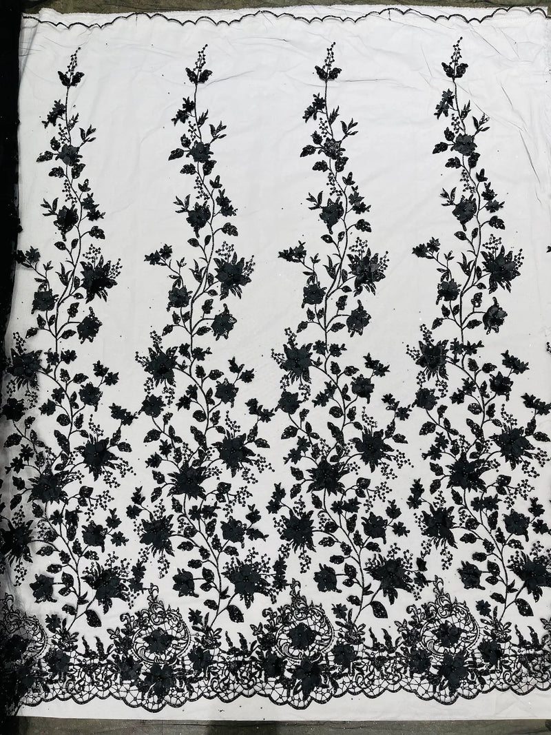 3D Flower Glitter Fabric - Black - Floral Glitter Sequin Design on Lace Mesh Fabric by Yard