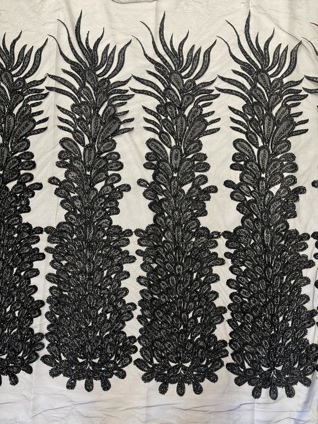 3D Beaded Peacock Feathers - Vegas Design Embroidered Sequins and Beads On a Mesh Lace Fabric - 15 Yard Roll