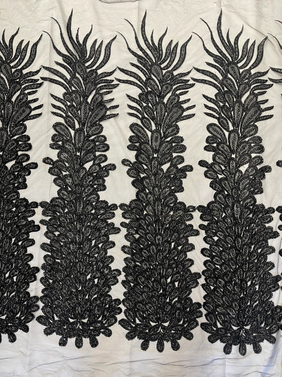 3D Beaded Peacock Feathers - Vegas Design Embroidered Sequins and Beads On a Mesh Lace Fabric - 15 Yard Roll