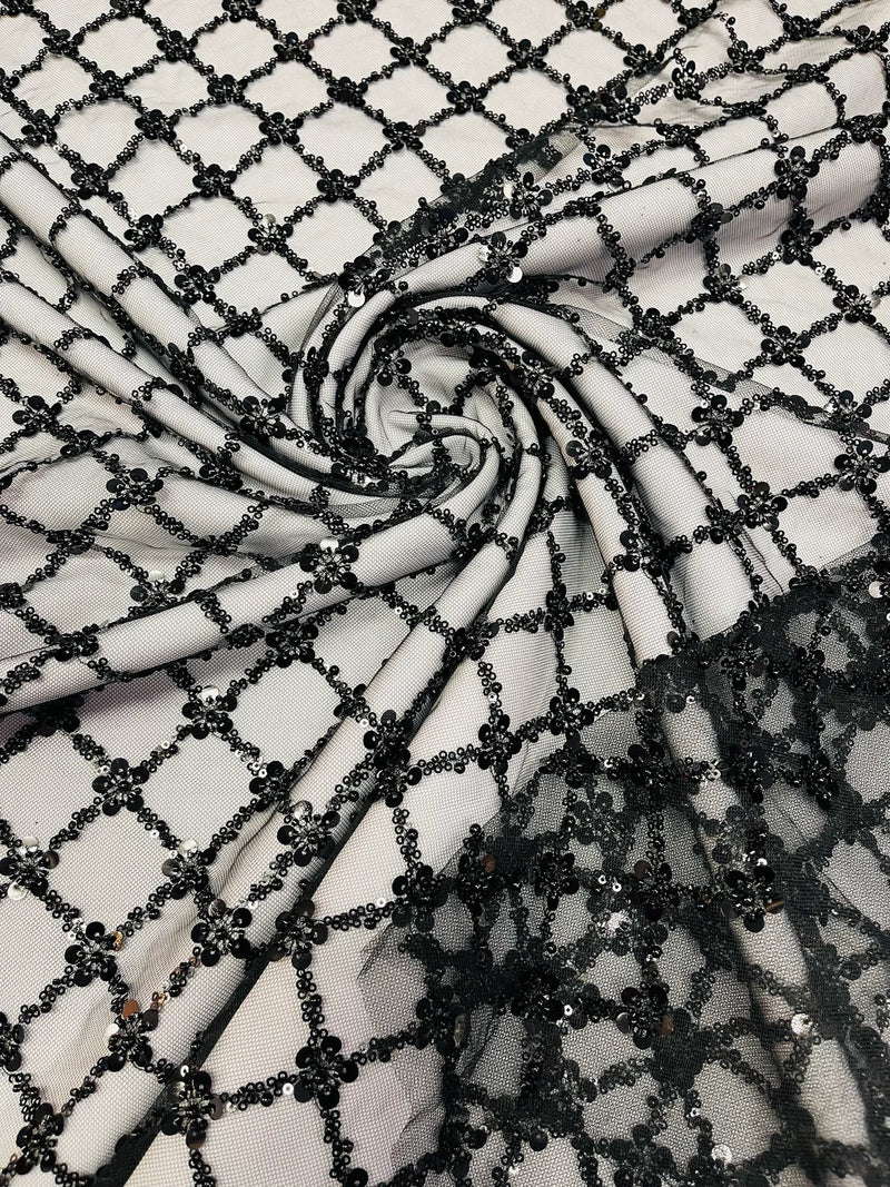 Beaded Diamond Net Fabric - Black - Embroidered Geometric Beaded Sequins Fabric Sold By Yard