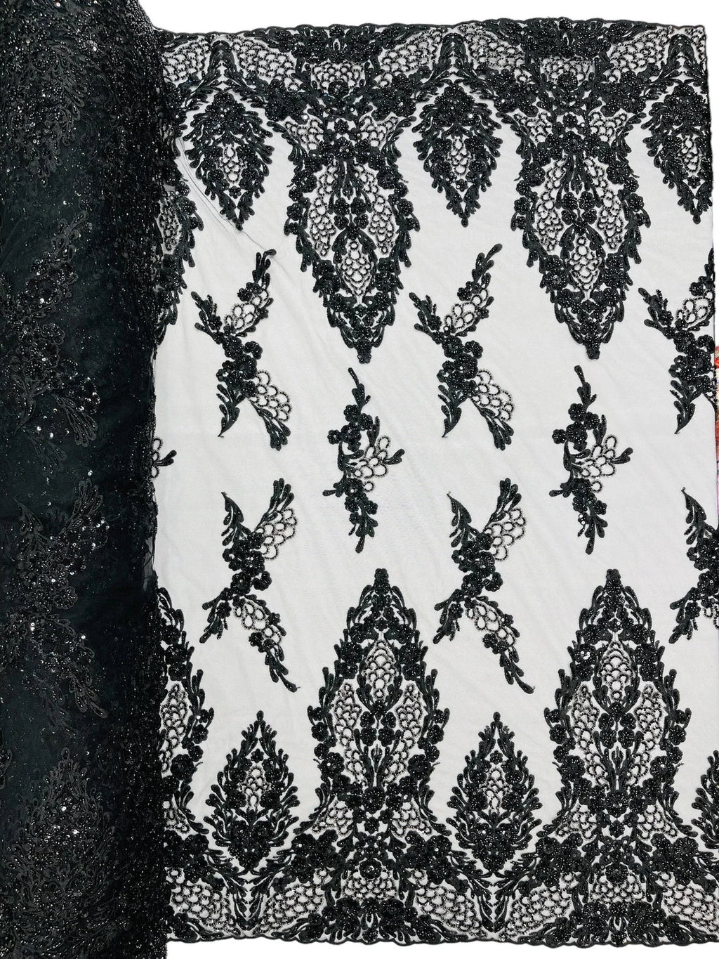 Heavy Bead Floral Fabric - Black - Beaded Flower Design Fabric Fancy Border By Yard