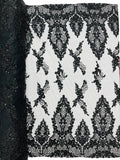 Heavy Bead Floral Fabric - Black - Beaded Flower Design Fabric Fancy Border By Yard