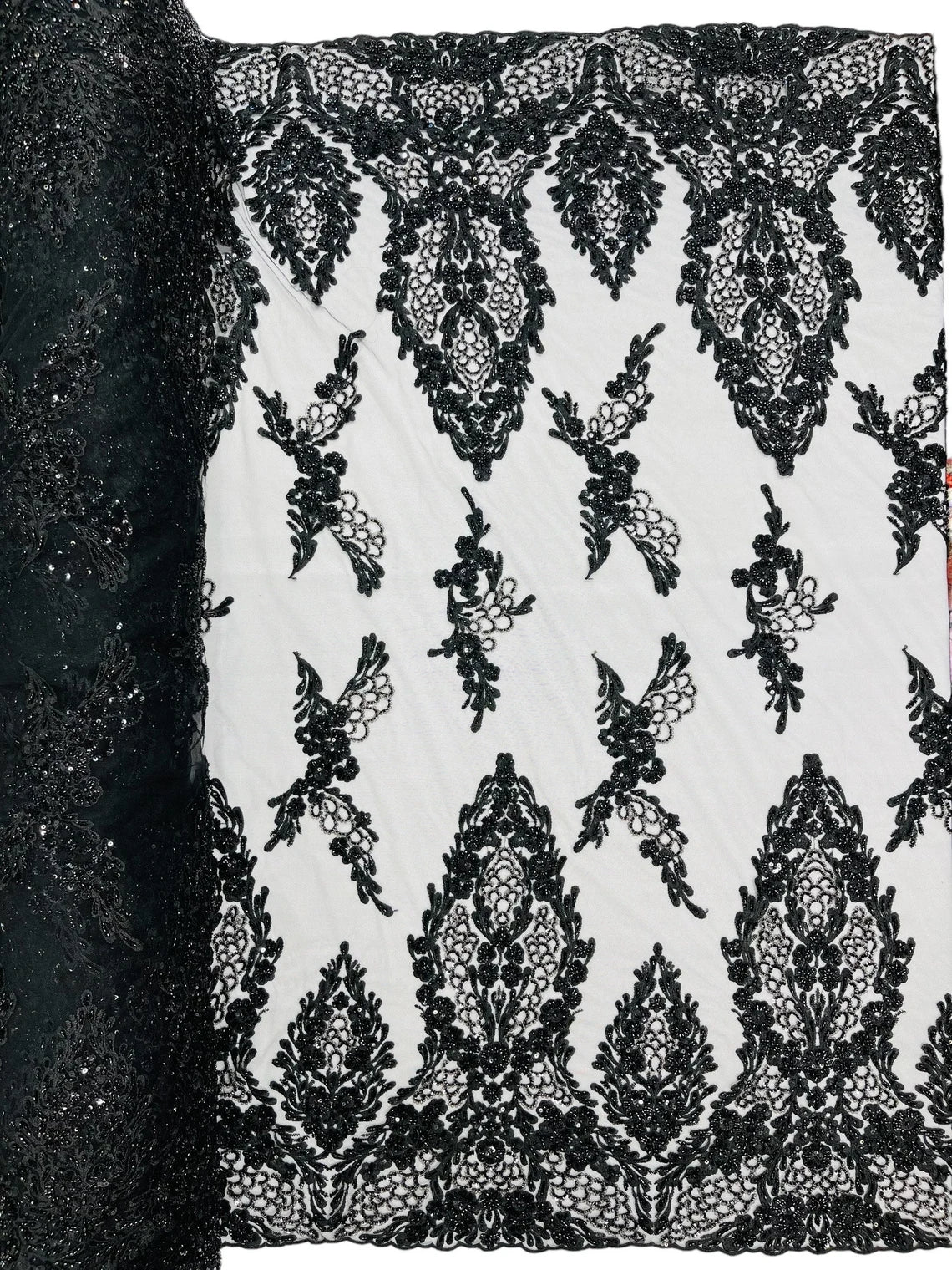 Heavy Bead Floral Fabric - Black - Beaded Flower Design Fabric Fancy Border By Yard
