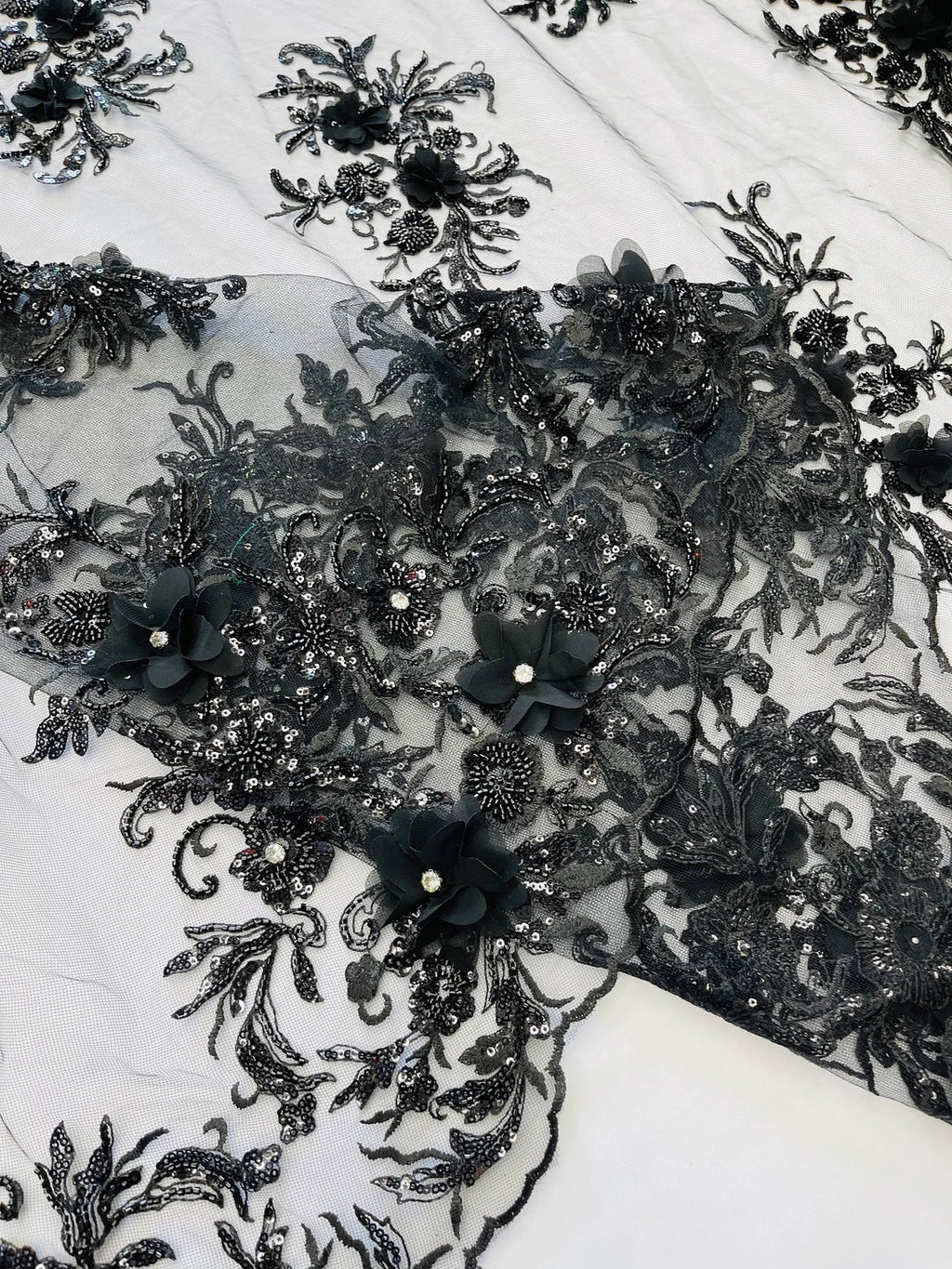3D Floral Rhinestone Fabric - Black - Beaded Flower Clusters with Rhinestones and Sequins By Yard