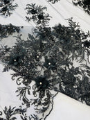 3D Floral Rhinestone Fabric - Black - Beaded Flower Clusters with Rhinestones and Sequins By Yard