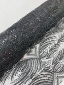 Beaded Lines Fabric - Black - Luxury Beads and Sequins Line Design Fabric By Yard