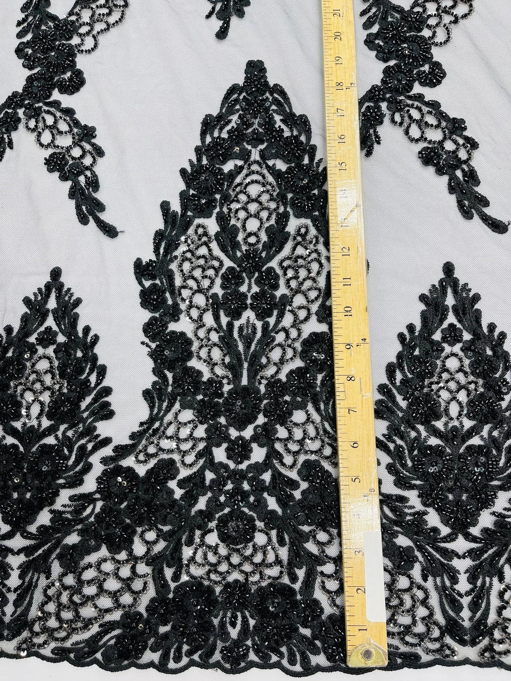 Heavy Bead Floral Fabric - Black - Beaded Flower Design Fabric Fancy Border By Yard