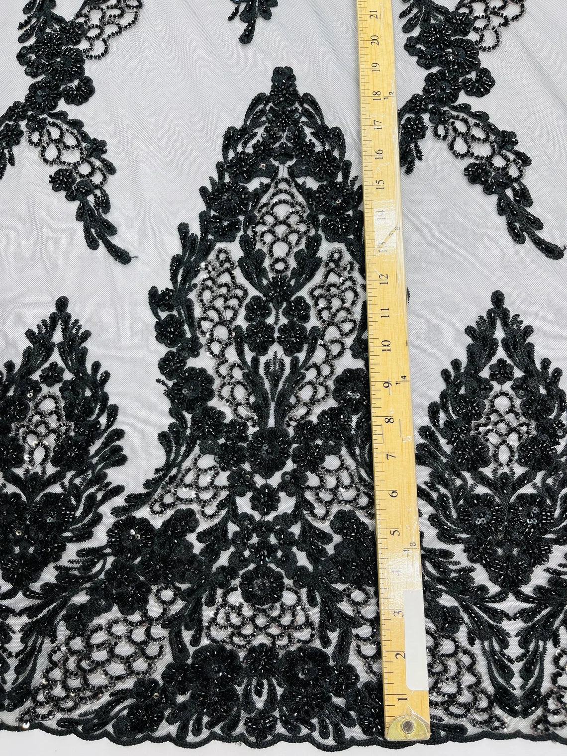 Heavy Bead Floral Fabric - Black - Beaded Flower Design Fabric Fancy Border By Yard