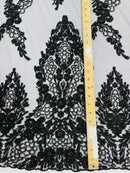 Heavy Bead Floral Fabric - Black - Beaded Flower Design Fabric Fancy Border By Yard