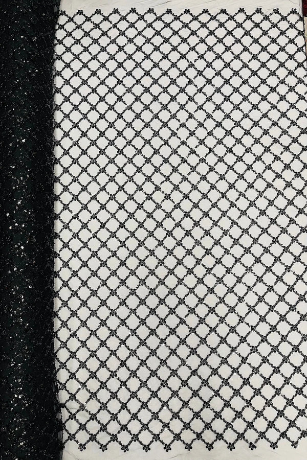 Beaded Diamond Net Fabric - Black - Embroidered Geometric Beaded Sequins Fabric Sold By Yard