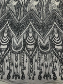 Zig Zag Design Sequins - Black - 4 Way Stretch Embroidered Zig Zag Sequins Lace Fabric By The Yard