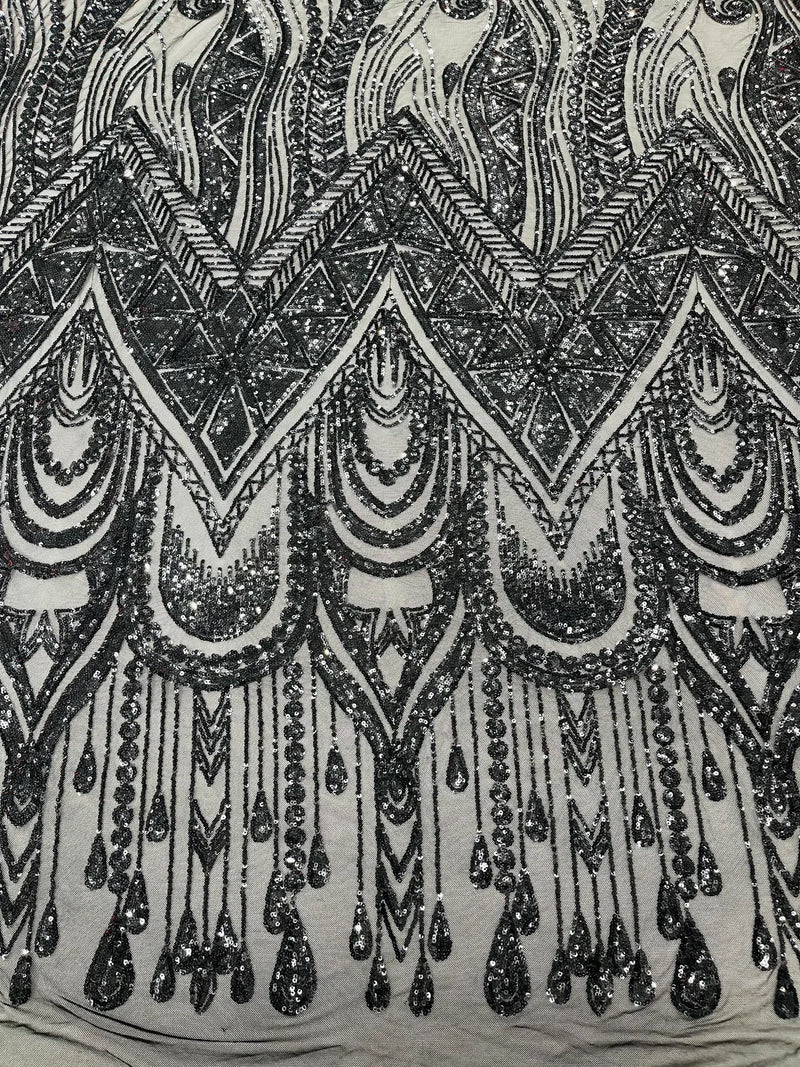 Zig Zag Design Sequins - Black - 4 Way Stretch Embroidered Zig Zag Sequins Lace Fabric By The Yard