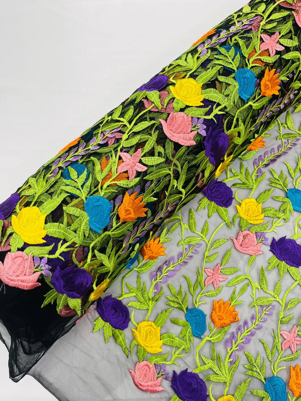 Multi-Color Mexican Sarape Fabric - Black Mesh Flower Design Embroidered Lace Fabric By Yard