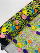 Multi-Color Mexican Sarape Fabric - Black Mesh Flower Design Embroidered Lace Fabric By Yard