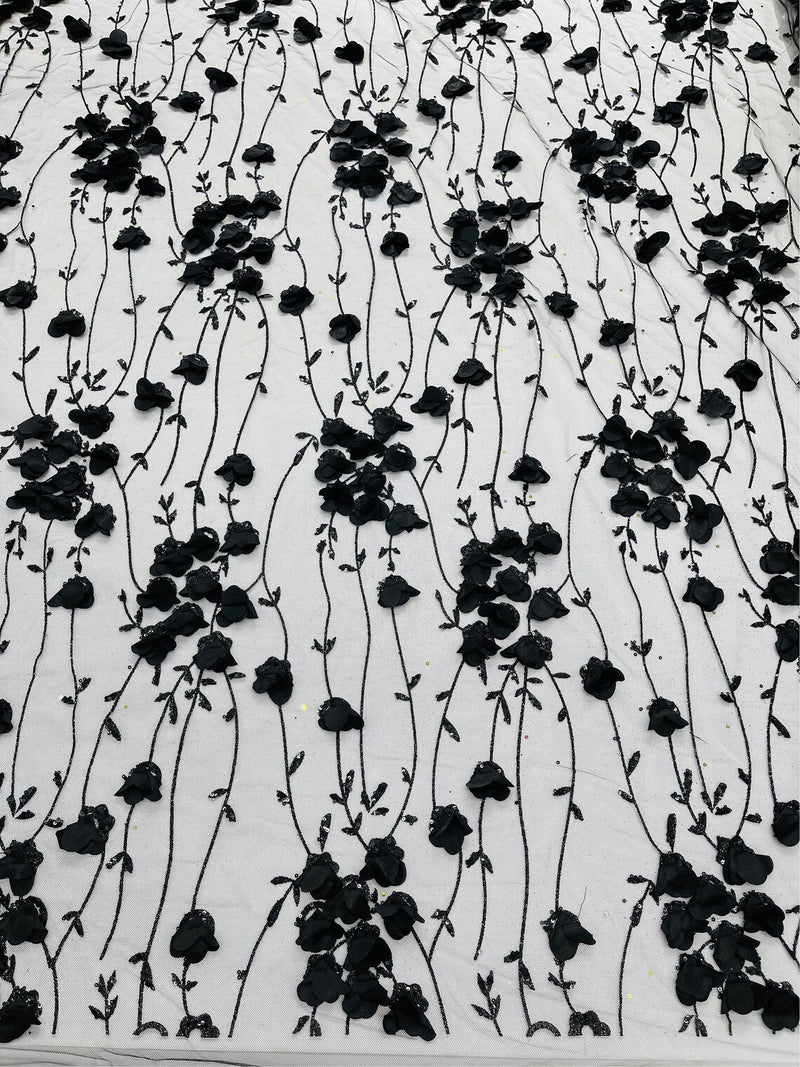 3D Glitter Floral Fabric - Black - 3D Flowers with Sequins and Glitter on Mesh Sold By Yard