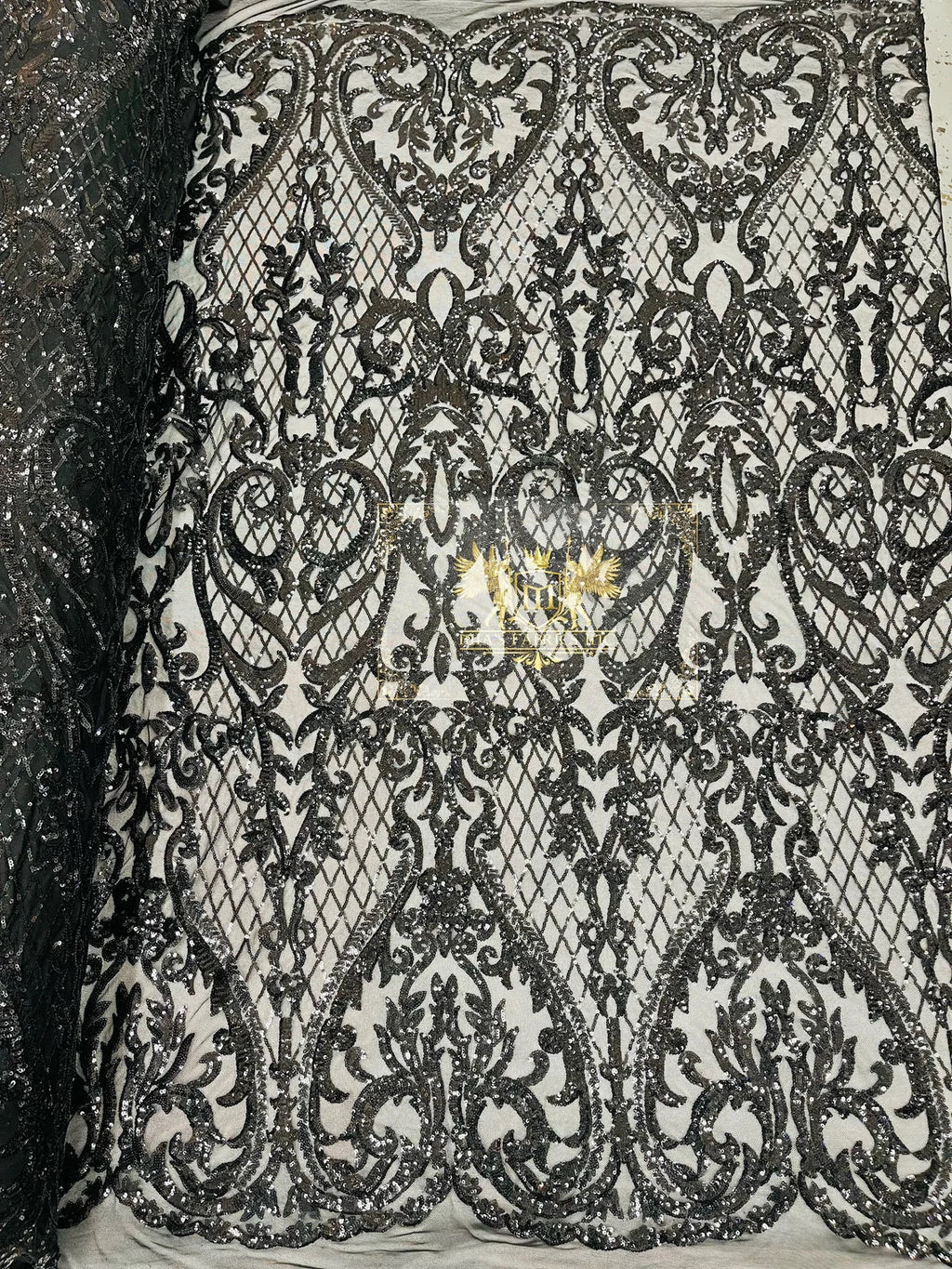 Heart Damask Sequins - Black - 4 Way Stretch Elegant Shiny Net Sequins Fabric By Yard