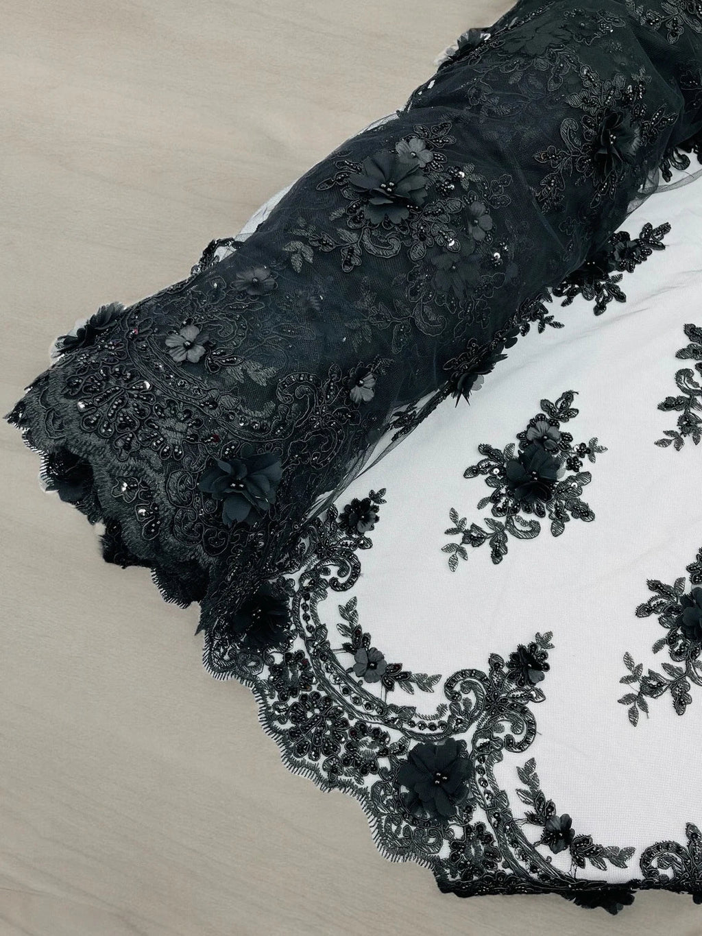 3D Floral Pearl Design - Black - Floral Embroidered Pearls and Sequins Fabric By Yard