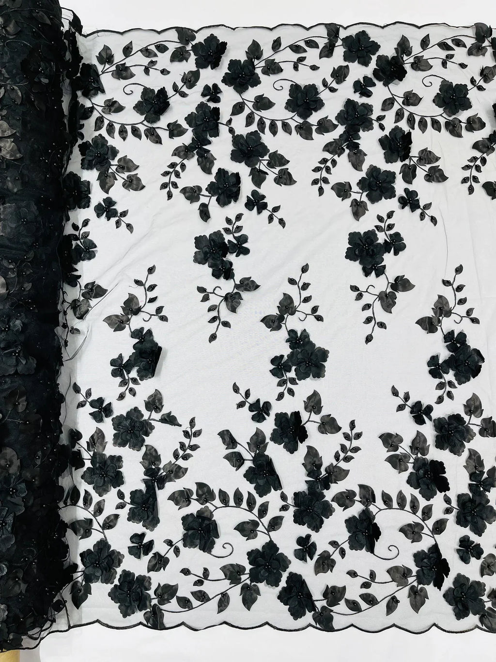 3D Floral Pearl Fabric - Black - Embroidered Floral Pearl Fabric Double Border On Mesh By Yard