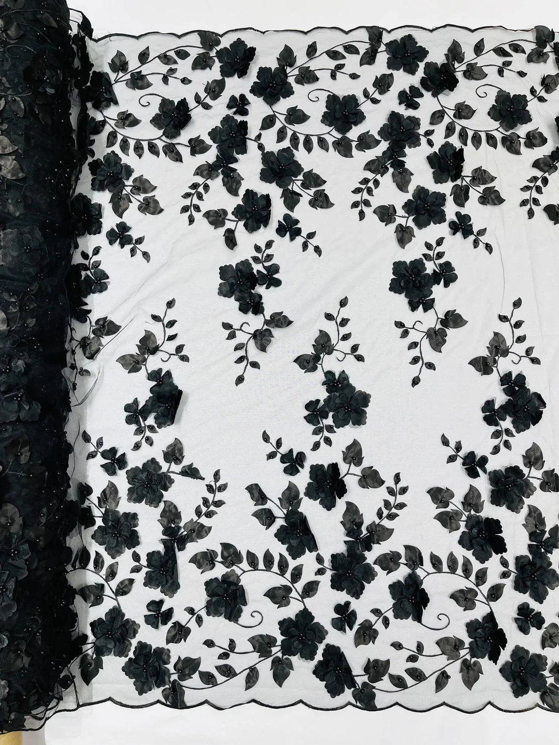 3D Floral Pearl Fabric - Black - Embroidered Floral Pearl Fabric Double Border On Mesh By Yard