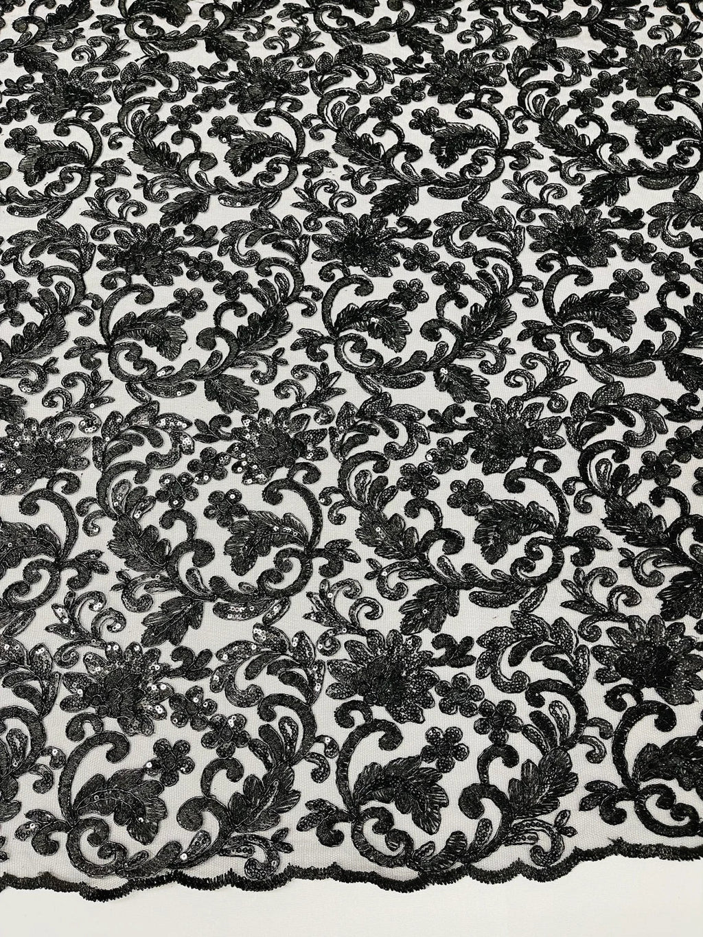 Metallic Floral Lace Fabric - Black - Embroidered Sequins Floral Design Sold By Yard