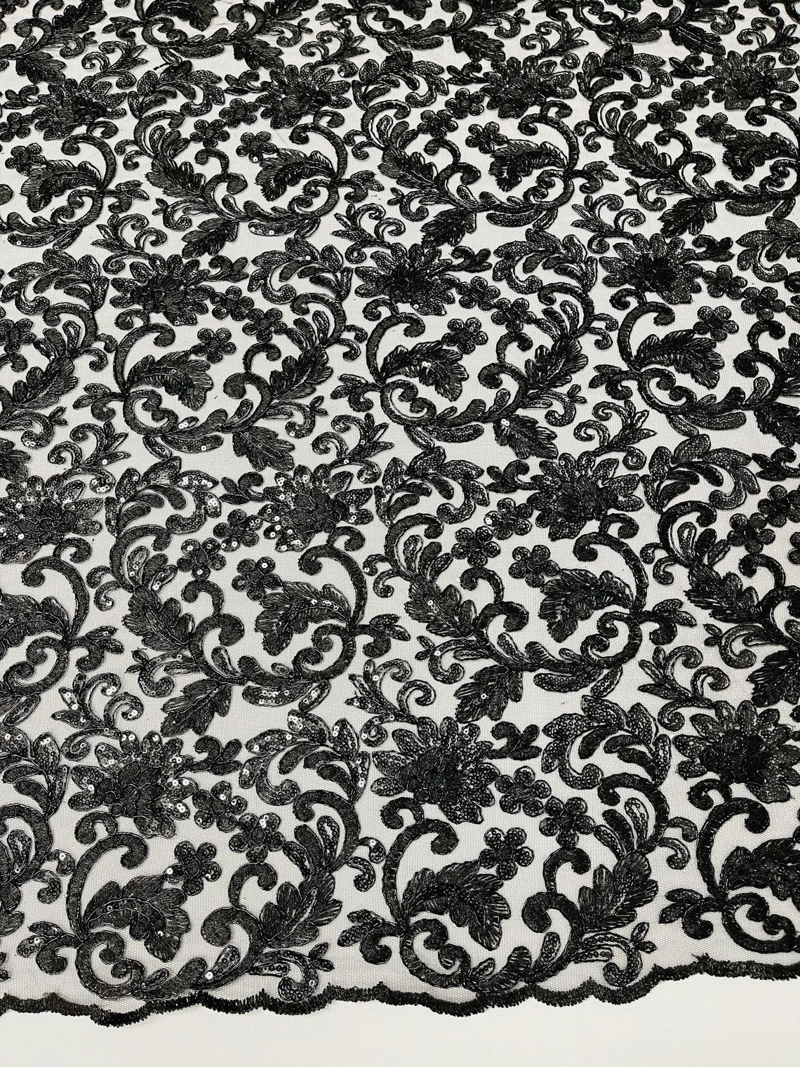 Metallic Floral Lace Fabric - Black - Embroidered Sequins Floral Design Sold By Yard