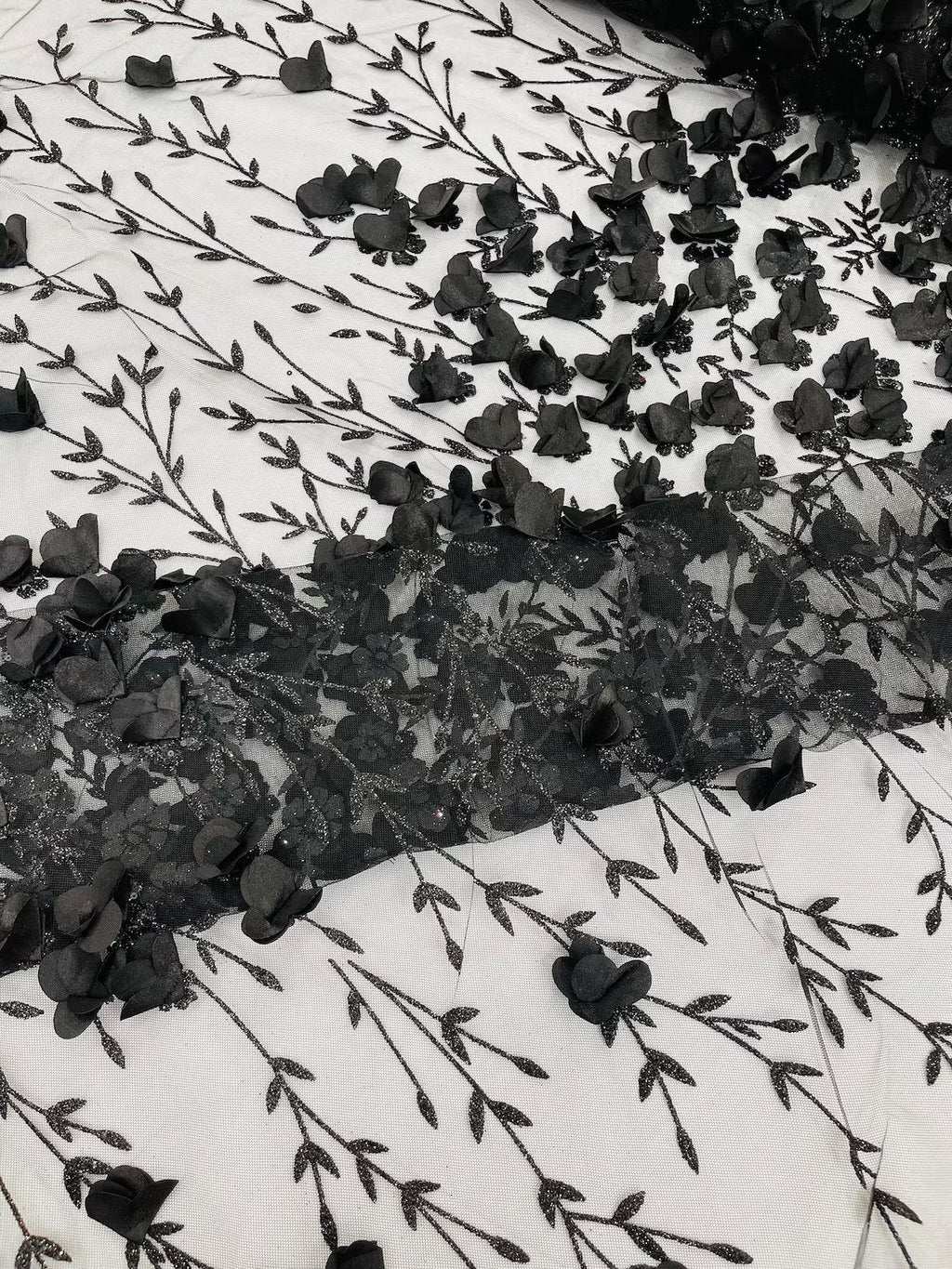 3D Flower Glitter Fabric - Black - Flower Design on Glitter Mesh Fabric Sold By Yard