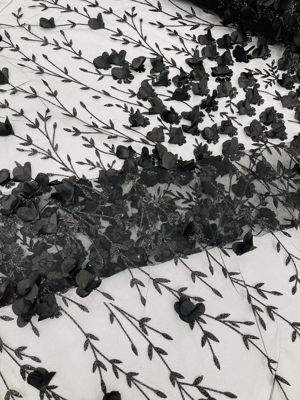 3D Flower Glitter Fabric - Black - Flower Design on Glitter Mesh Fabric Sold By Yard