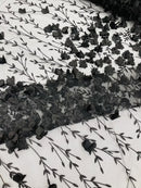 3D Flower Glitter Fabric - Black - Flower Design on Glitter Mesh Fabric Sold By Yard